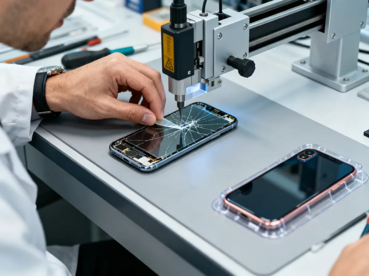 Technician regenerating an iPhone XR screen by separating the cracked glass from the LCD