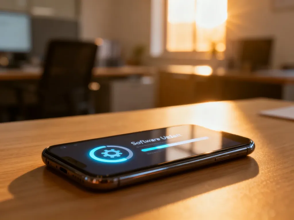 Smartfon na drewnianym biurku z widocznym powiadomieniem o aktualizacji oprogramowania na ekranie.