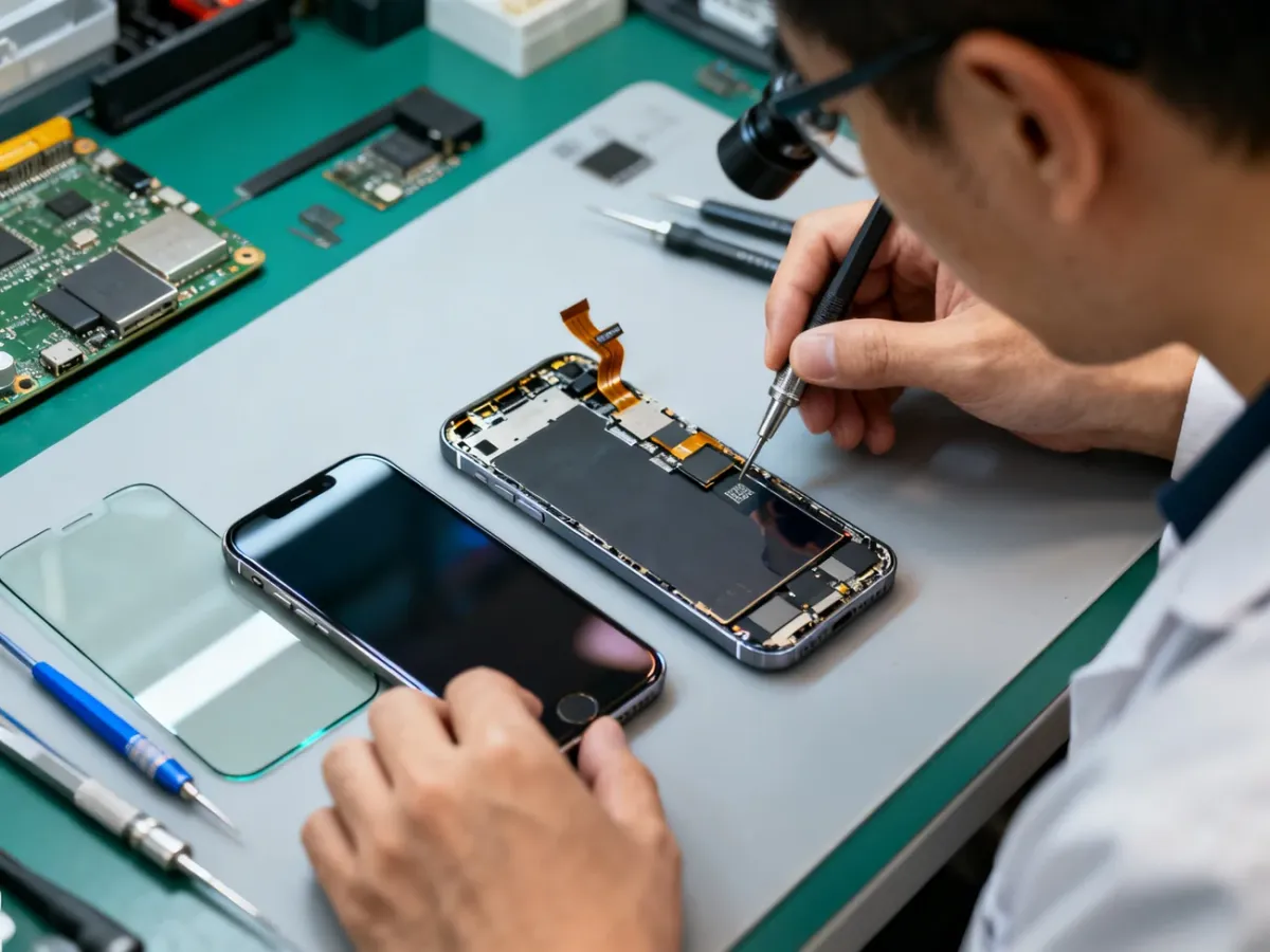 Technik serwisowy pracujący nad modułem wyświetlacza iPhone’a