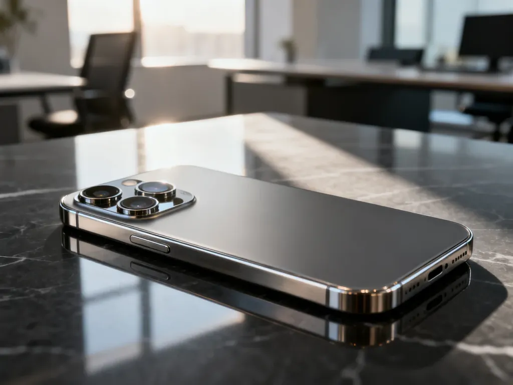 iPhone 17 Pro z tytanową obudową i potrójnym aparatem leżący na eleganckim, marmurowym biurku.