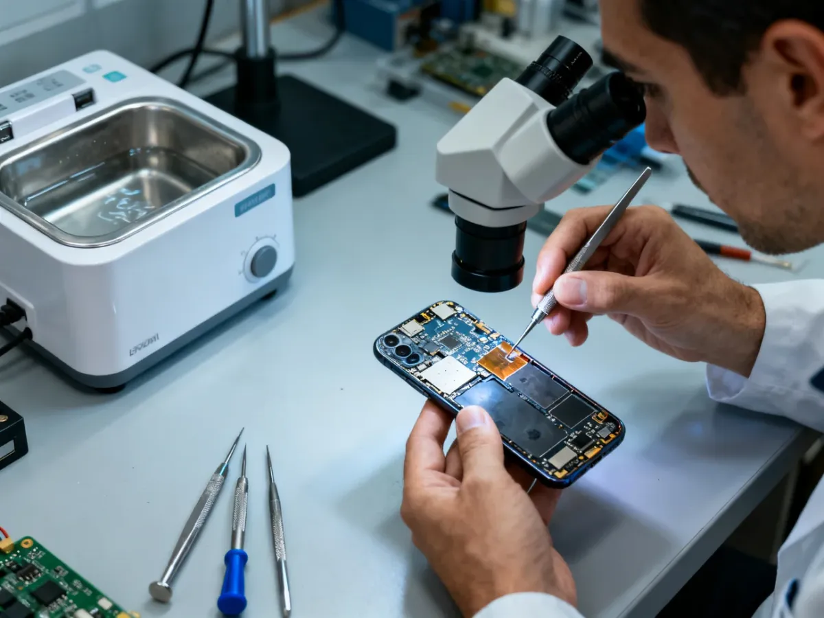 Technik serwisowy diagnozujący zalaną płytę główną smartfona
