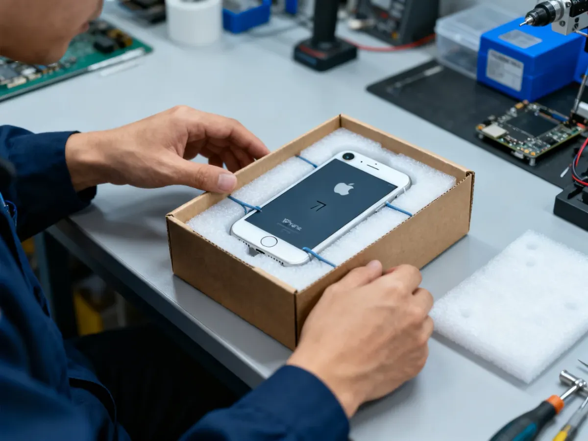 Bezpiecznie zapakowany iPhone 7 przygotowany do wysyłki do serwisu
