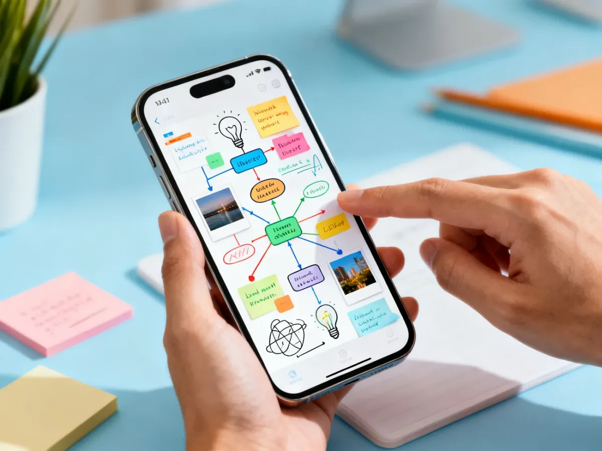 iPhone showing a visual brainstorming board with notes, sketches, and images