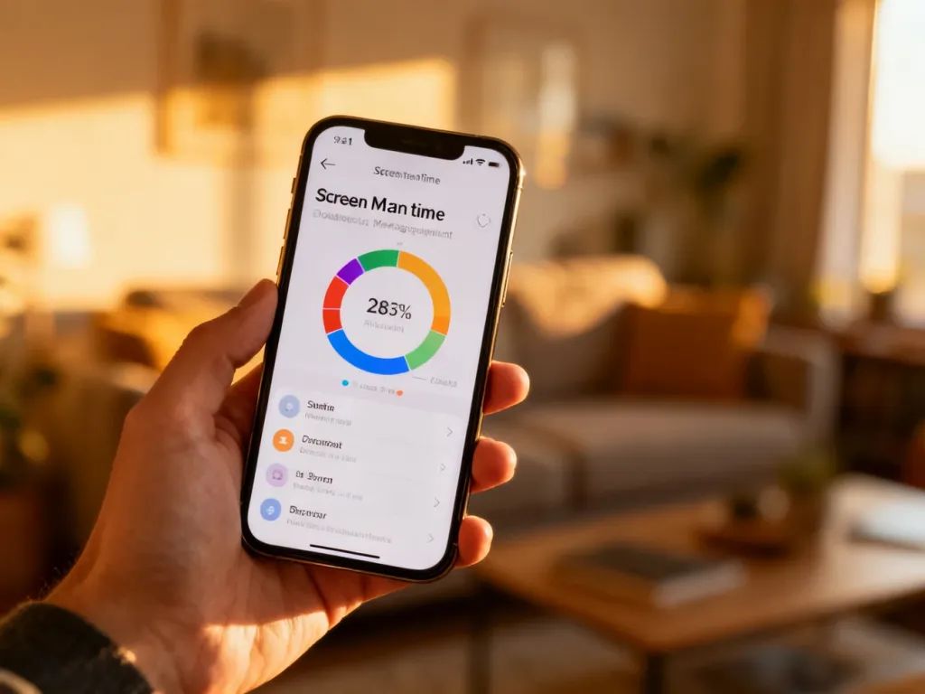 Ekran iPhone'a z otwartym panelem zarządzania czasem przed ekranem i kolorowymi wykresami zużycia aplikacji.