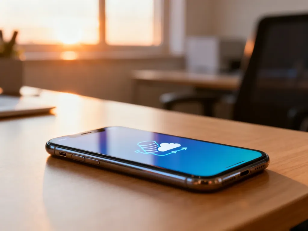 Nowoczesny iPhone na biurku z ikoną synchronizacji danych, symbolizującą proces tworzenia kopii zapasowej wiadomości.