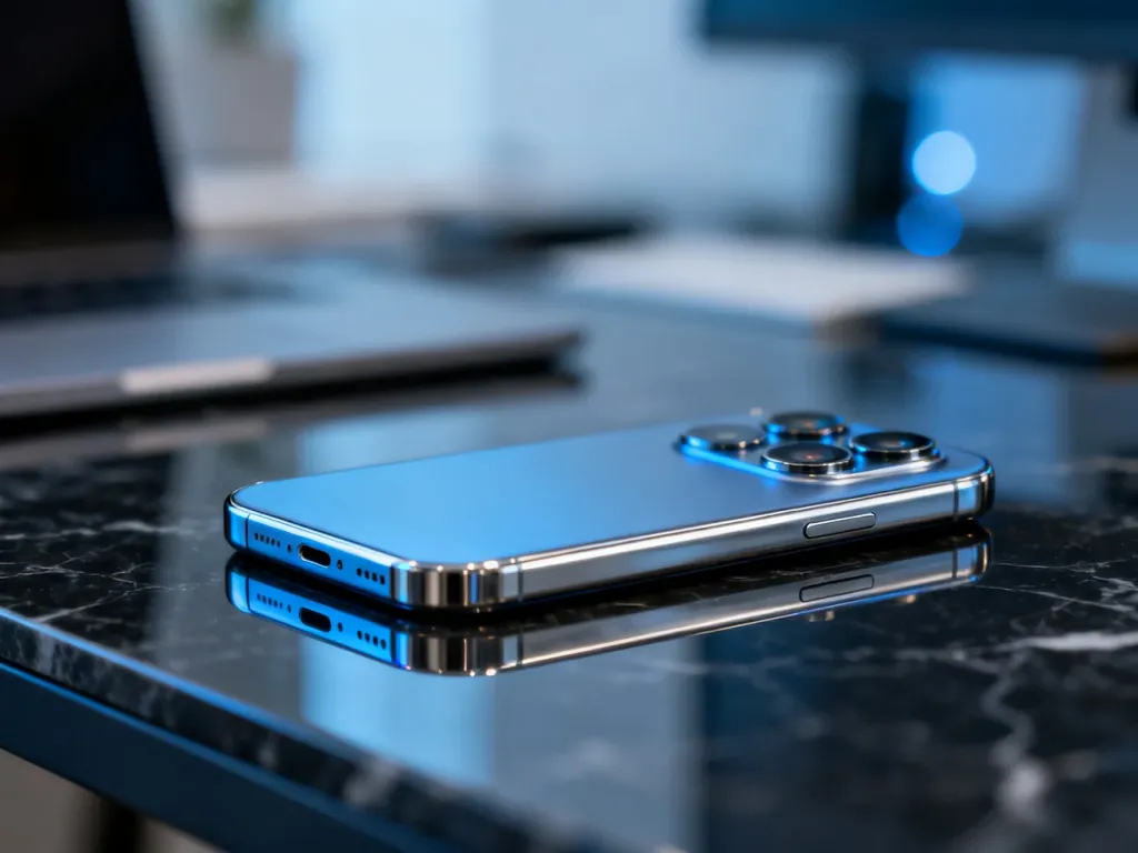 Elegancki iPhone 16 Pro z tytanową obudową i potrójnym aparatem, wyeksponowany na ciemnym, marmurowym blacie.