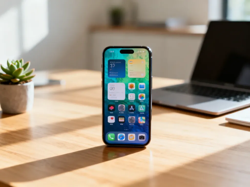 Nowoczesny smartfon z personalizowanym ekranem blokady iOS 16, umieszczony na minimalistycznym biurku w słonecznym biurze.