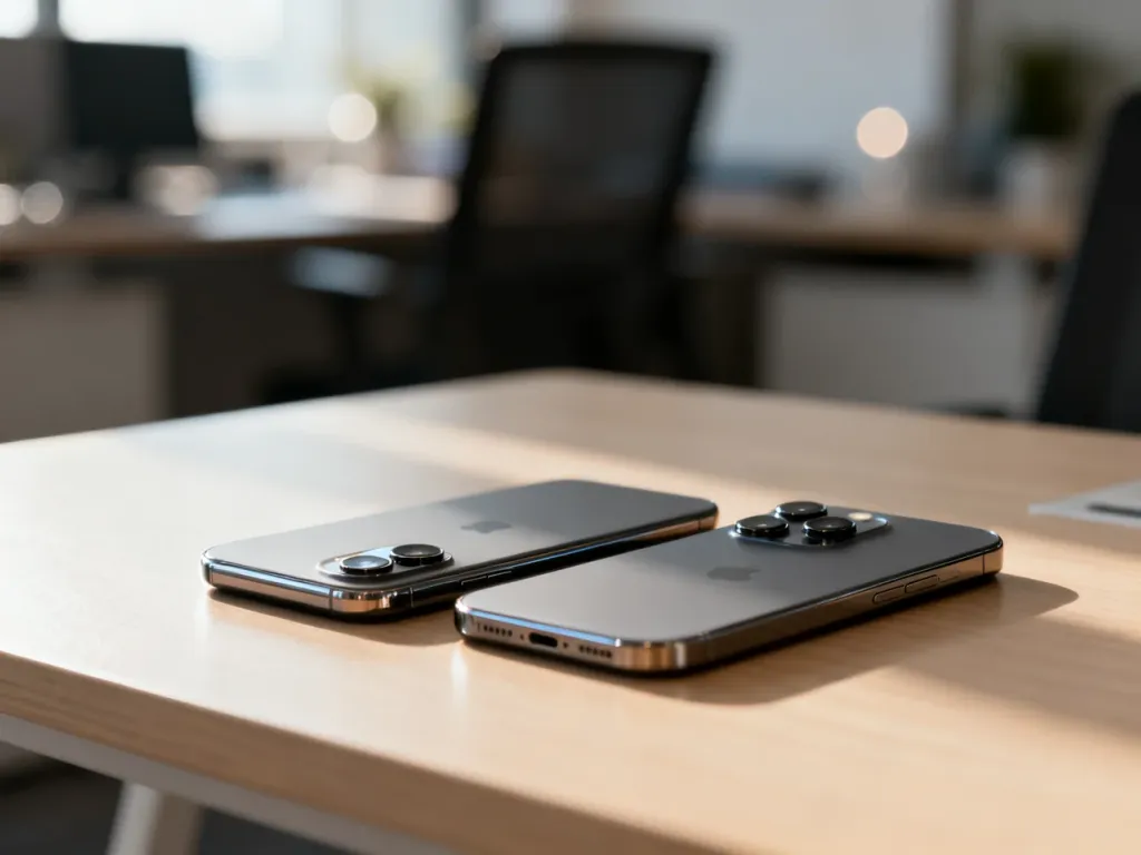 Porównanie iPhone 14 z dwoma obiektywami oraz iPhone 14 Pro z trzema aparatami leżących na drewnianym biurku.