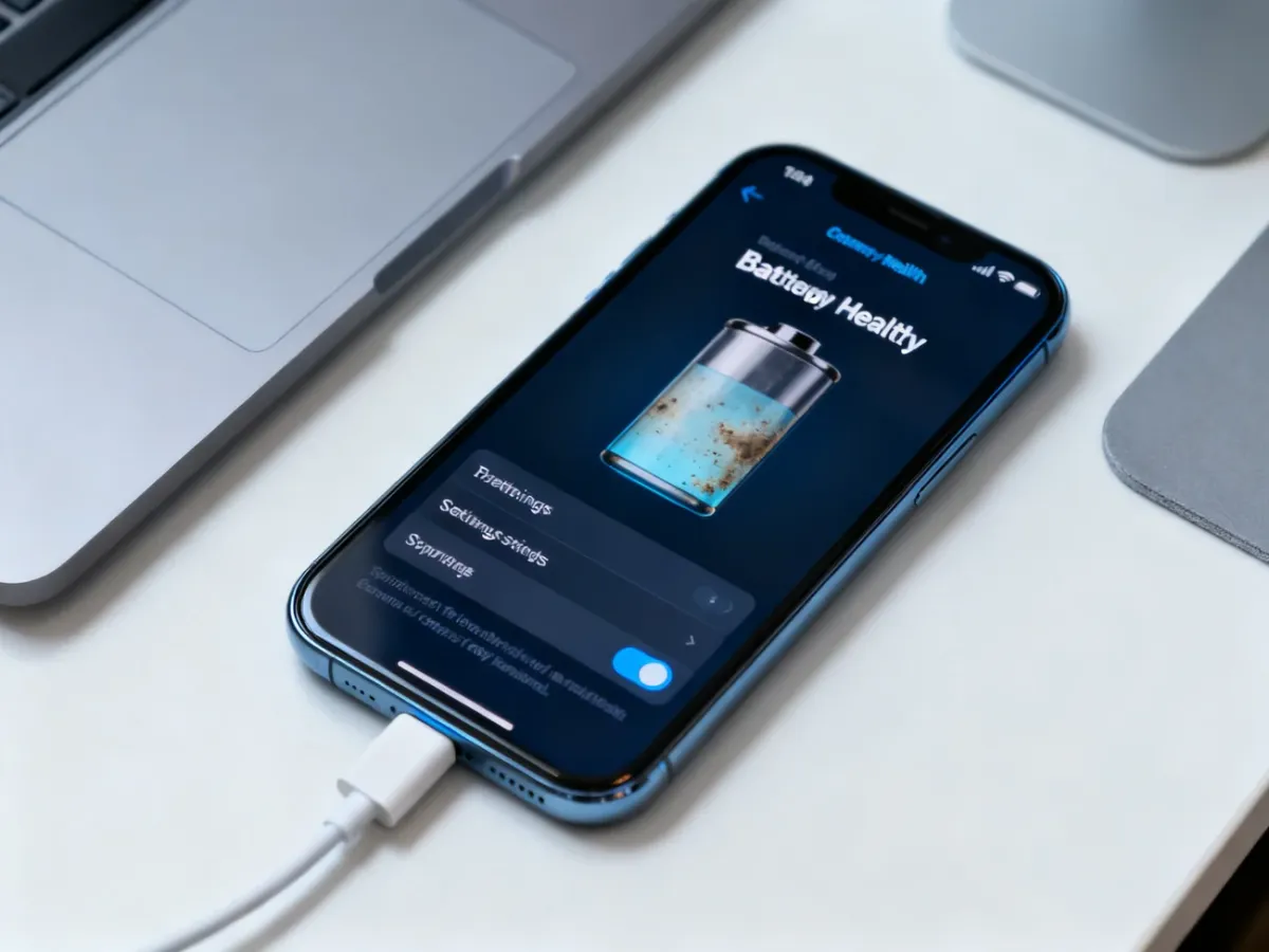 Smartfon z oznakami zużytej baterii obok kabla do ładowania