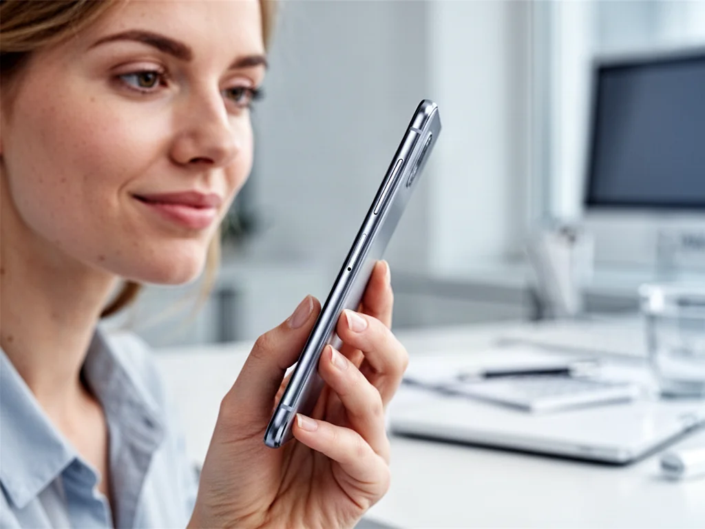 Elegancki iPhone 15 trzymany w dłoni, ukazujący smukły profil urządzenia na tle minimalistycznego biura.