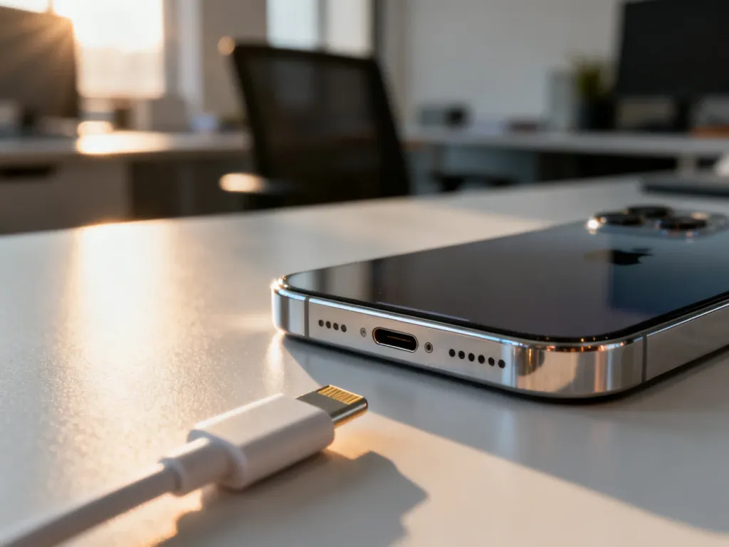 Zbliżenie na port ładowania iPhone’a 14 z widocznym kablem Lightning, podkreślające rodzaj zastosowanego złącza.