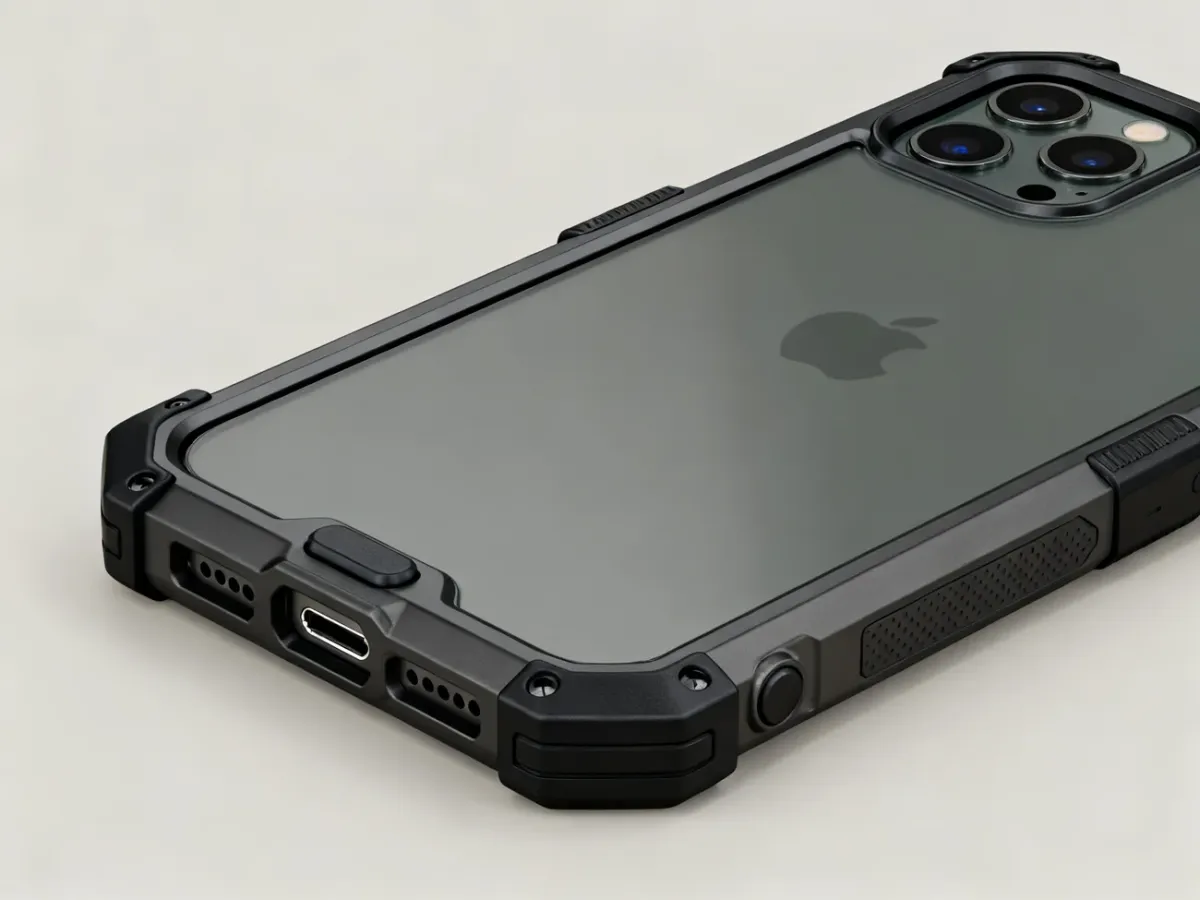 Zbliżenie etui do iPhone’a 11 z amortyzowanymi narożnikami, podwyższonymi rantami i precyzyjnymi wycięciami