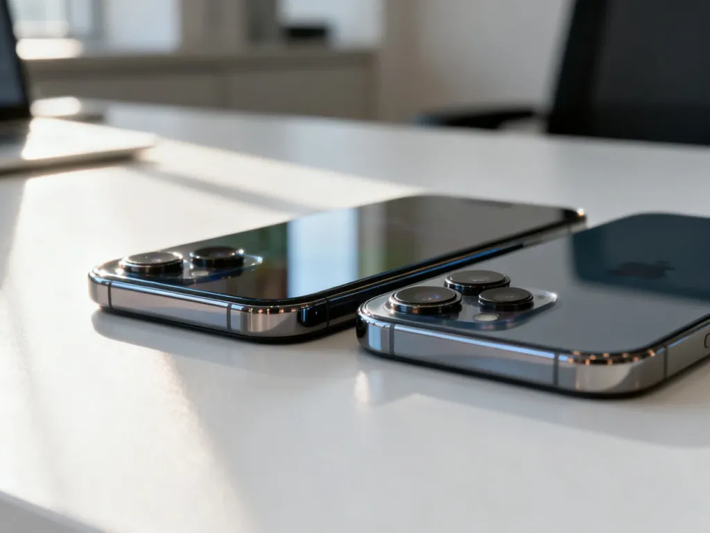 Dwa nowoczesne smartfony iPhone leżące obok siebie na minimalistycznym biurku, ukazujące detale obiektywów i obudowy.