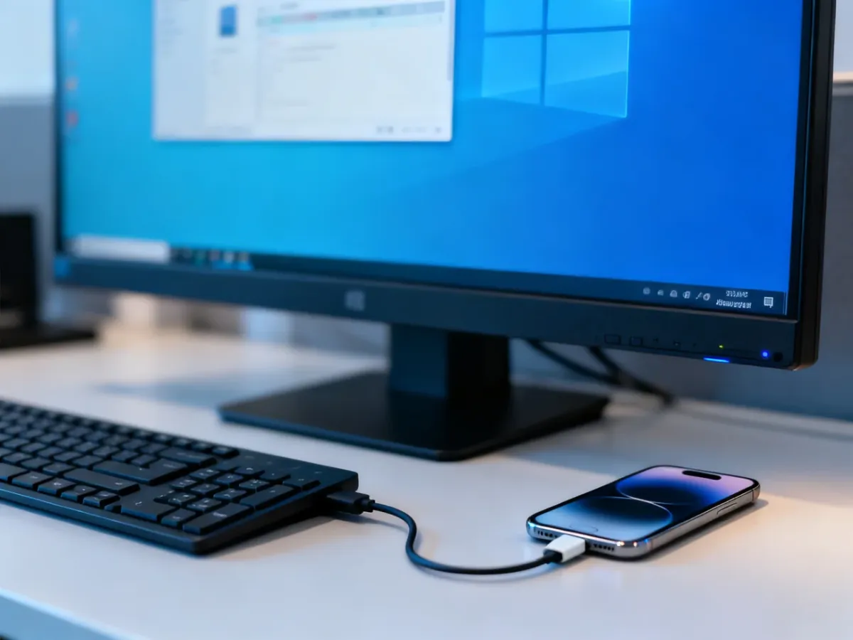 iPhone połączony z komputerem z Windows podczas tworzenia kopii zapasowej