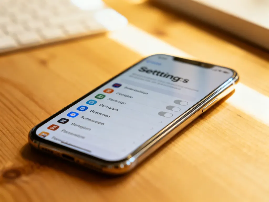 Ekran iPhone'a z otwartym menu ustawień prywatności i przełącznikami uprawnień aplikacji na minimalistycznym biurku.