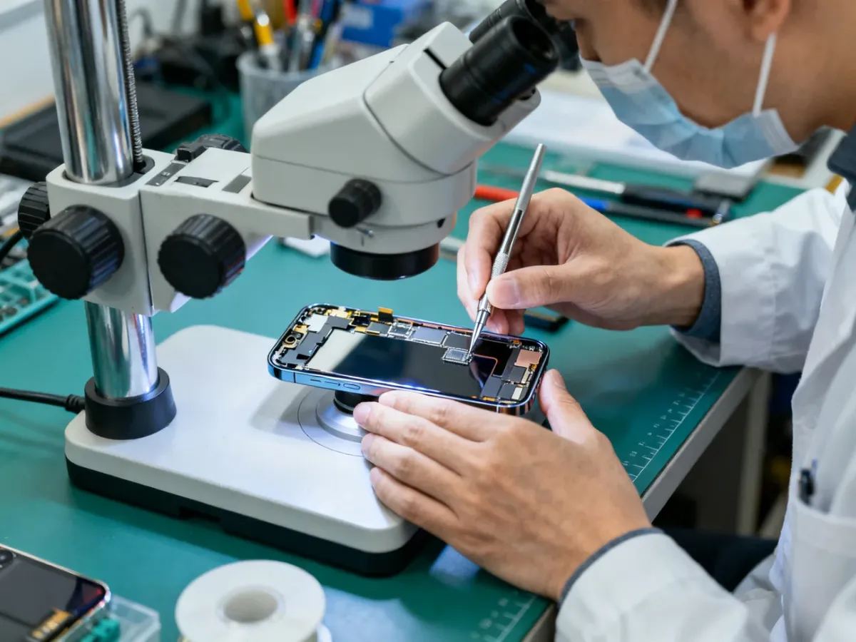 Technik serwisowy precyzyjnie naprawiający moduł wyświetlacza iPhone’a 13