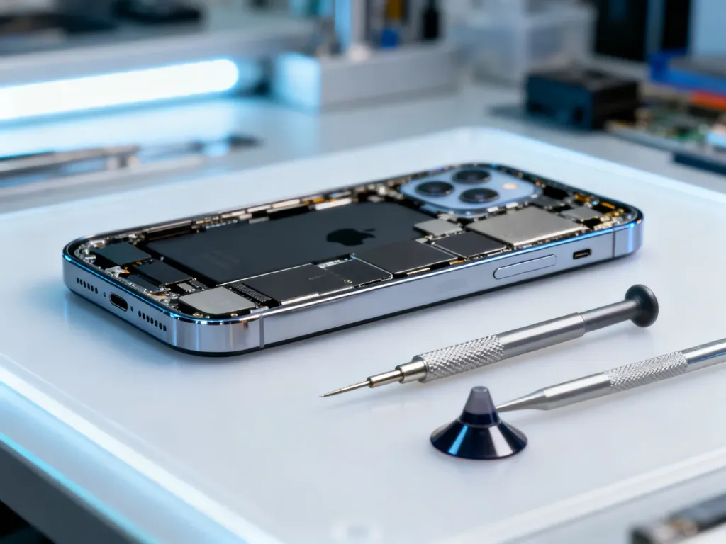 Rozłożony iPhone 12 na stole serwisowym z precyzyjnymi narzędziami przygotowanymi do wymiany szybki.