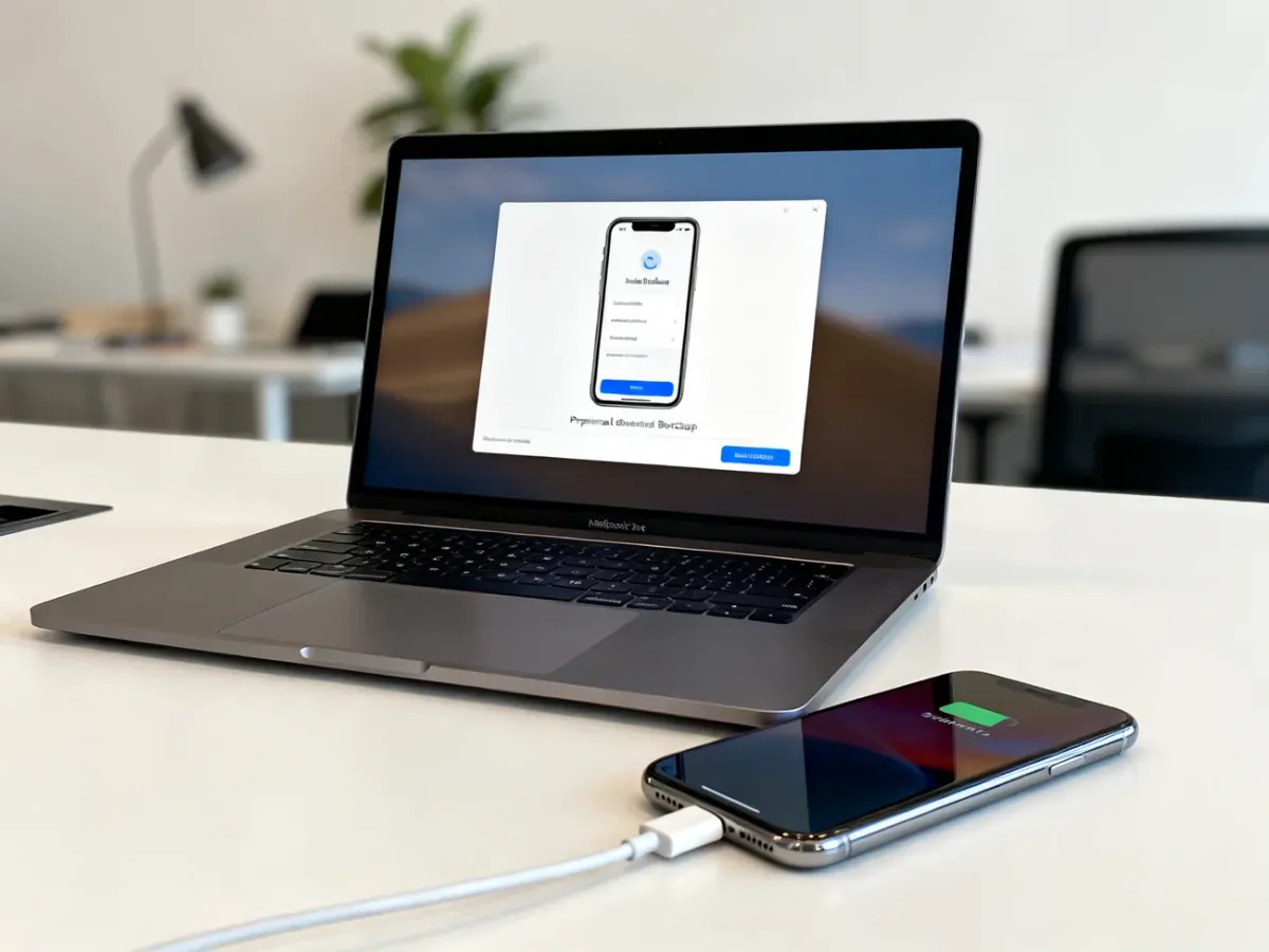 iPhone podłączony do MacBooka podczas tworzenia lokalnej kopii zapasowej