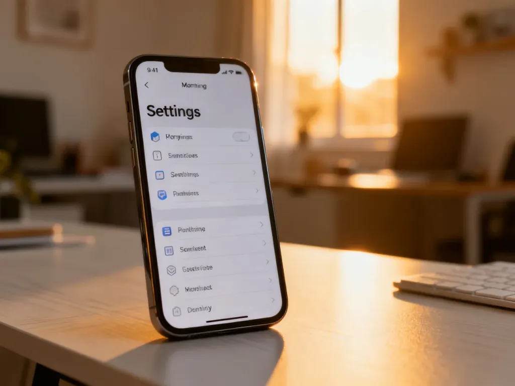 Nowoczesny smartfon z otwartym menu ustawień leżący na drewnianym biurku w słonecznym domowym biurze.