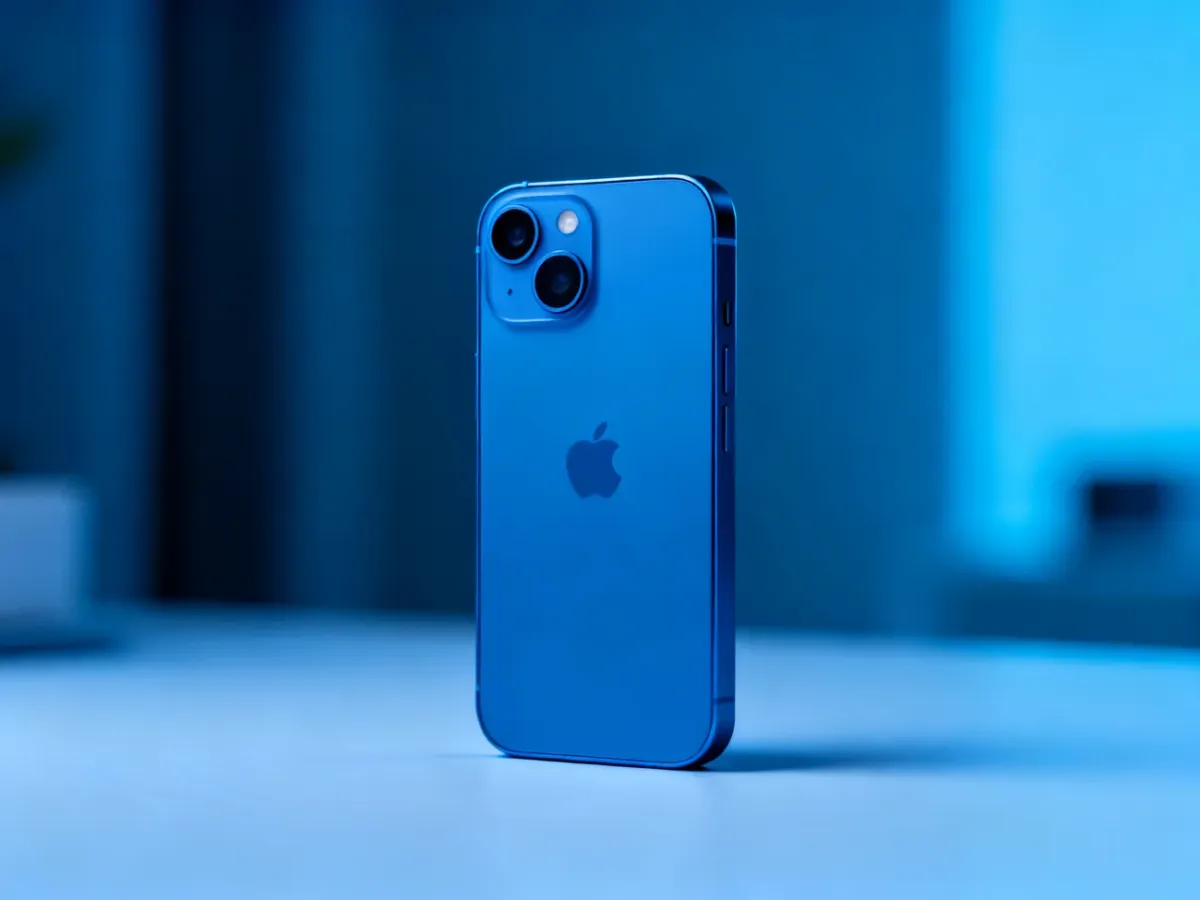 Niebieski iPhone 13 z podwójnym aparatem na tle nowoczesnego wnętrza