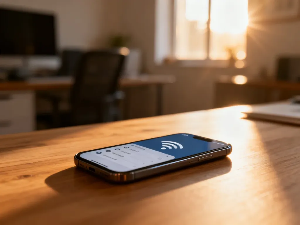 Nowoczesny smartfon z otwartym menu ustawień sieciowych na drewnianym biurku, gotowy do konfiguracji MMS.