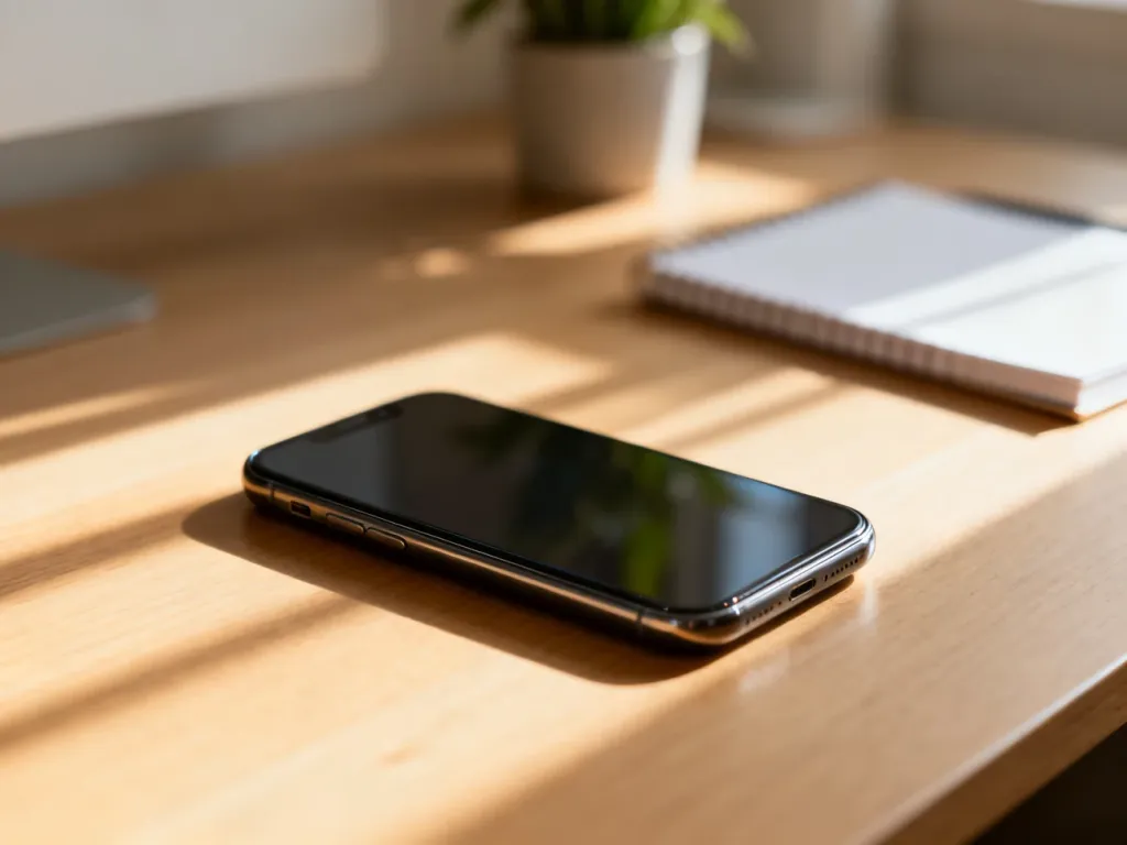 Nowoczesny smartfon leżący na minimalistycznym drewnianym biurku w świetle poranka.