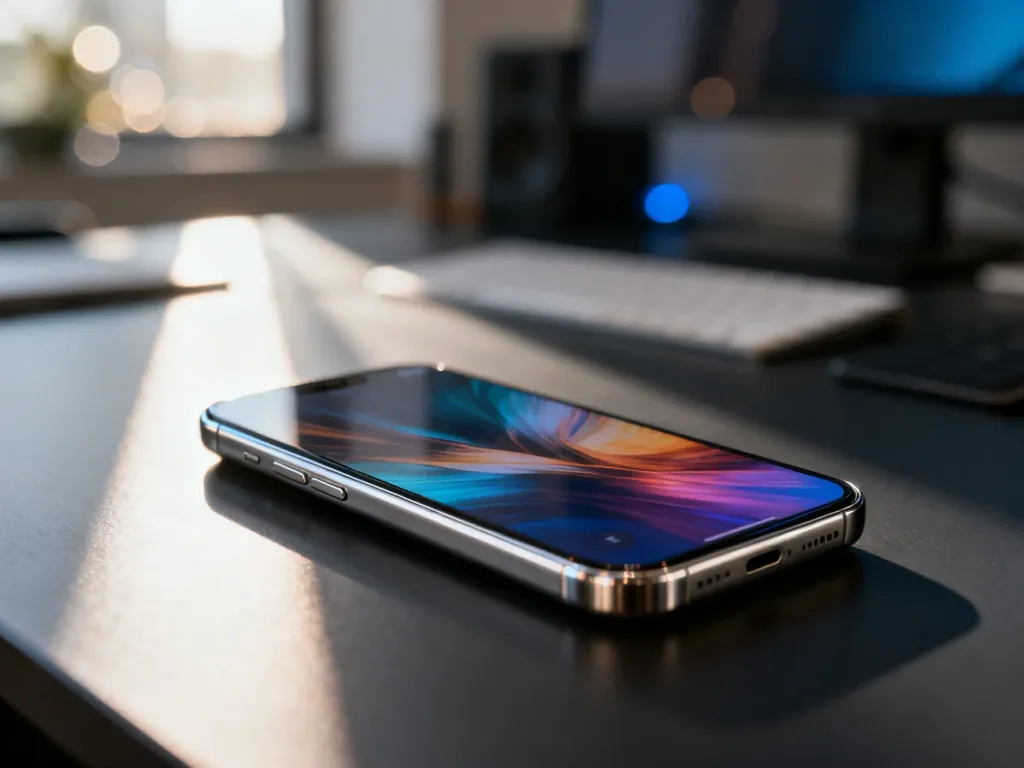 Elegancki iPhone 16 Pro z tytanową obudową na minimalistycznym biurku w świetle poranka.