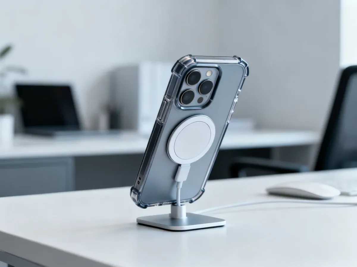 iPhone 16 Plus w etui z MagSafe na magnetycznej ładowarce