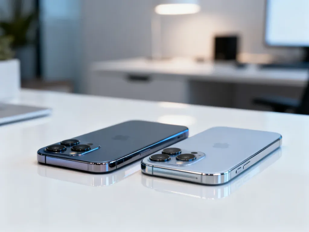 iPhone 13 i iPhone 13 mini ustawione obok siebie na minimalistycznym biurku, ukazujące różnice w wielkości obudowy.