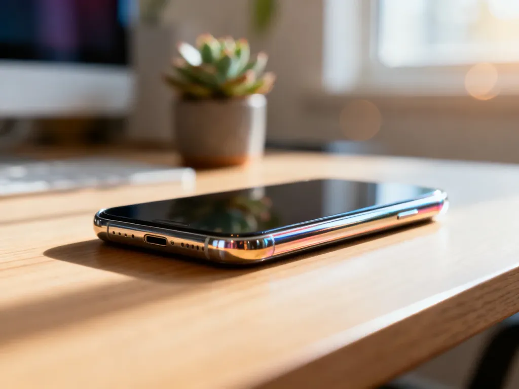 Elegancki iPhone 15 leżący na minimalistycznym drewnianym biurku w jasnym, domowym biurze.