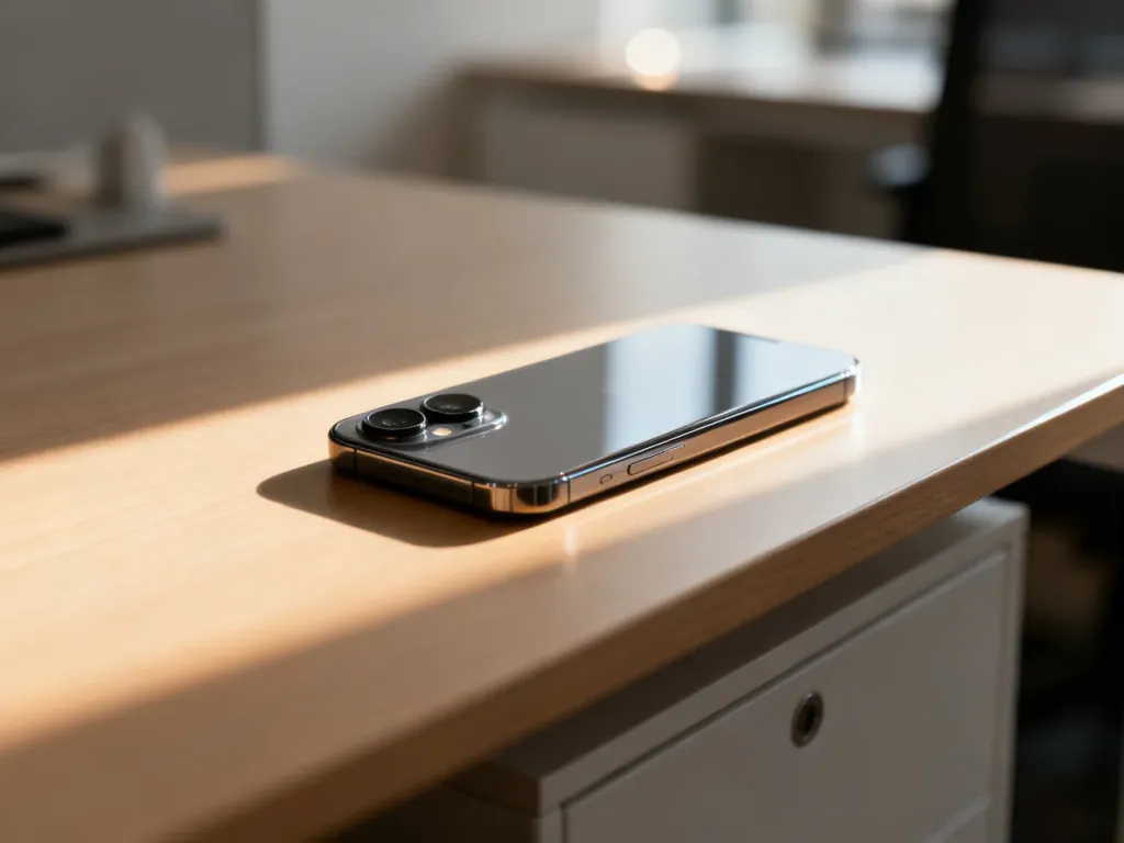 iPhone 11 leżący na drewnianym biurku w promieniach porannego słońca, prezentujący swój nowoczesny design.