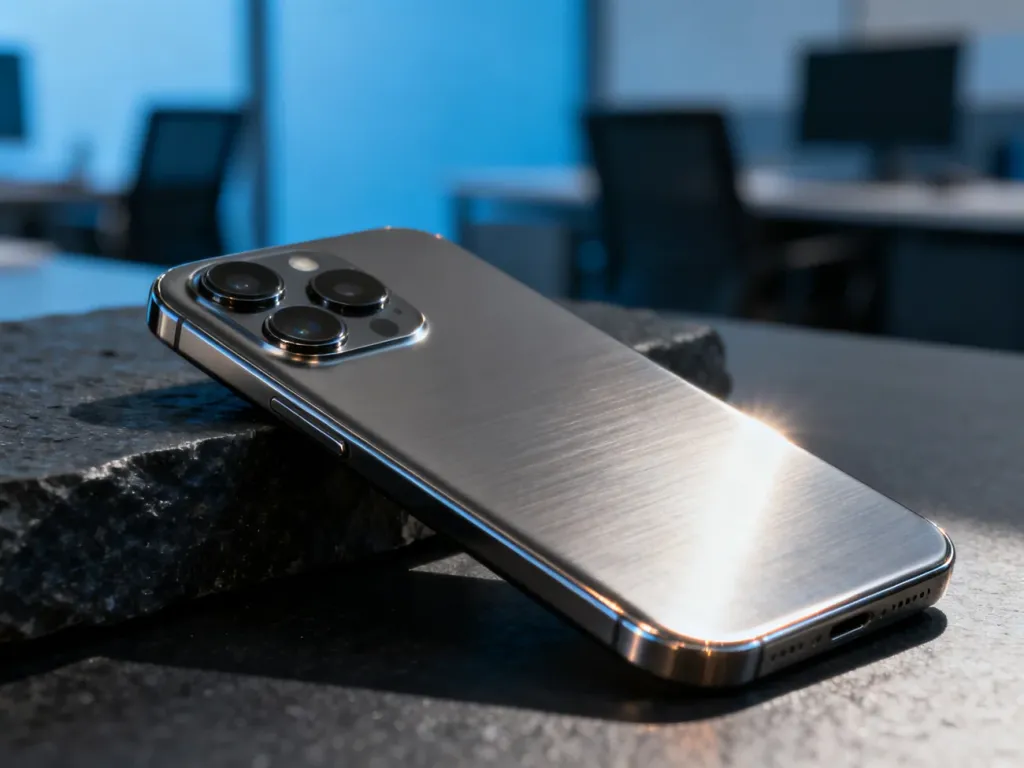 iPhone 16 Pro w kolorze naturalnego tytanu na ciemnym, kamiennym blacie, podkreślający elegancki design i wykończenie urządzenia.