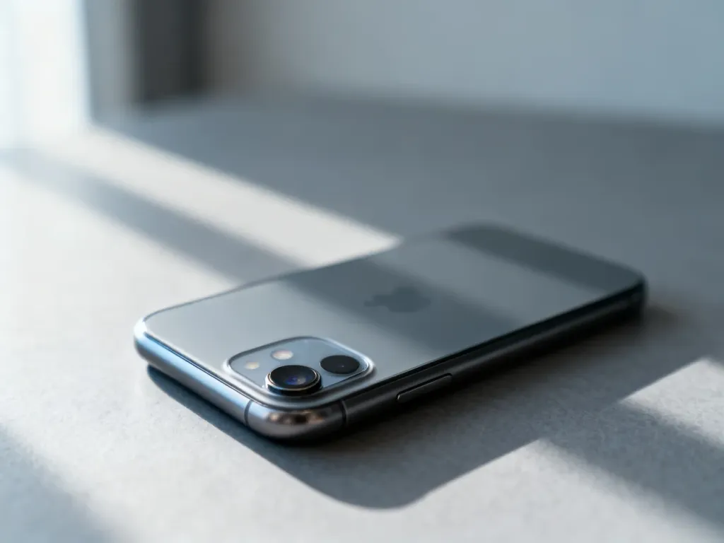iPhone 11 leżący na szarym tle, prezentujący charakterystyczny układ dwóch obiektywów aparatu.