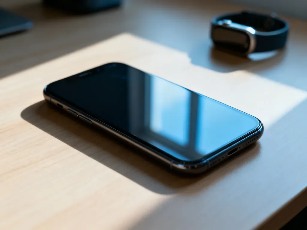 Nowoczesny smartfon leżący na biurku obok zegarka fitness, sugerujący problemy z synchronizacją danych o aktywności.