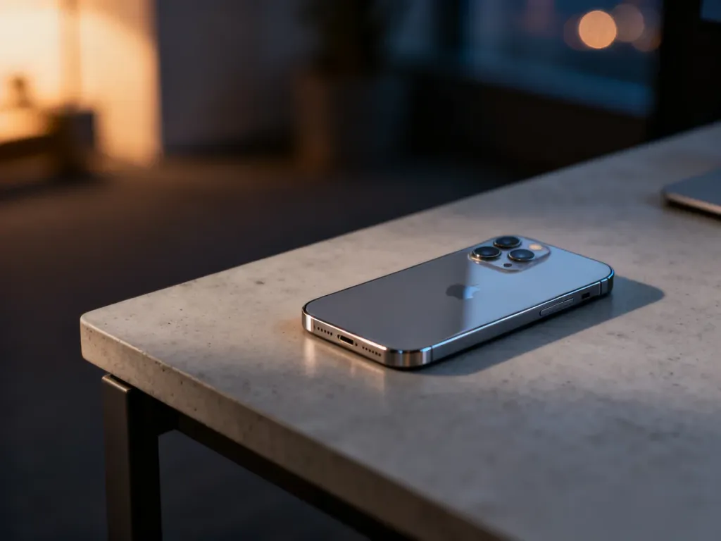 iPhone 12 leżący na minimalistycznym betonowym blacie, prezentujący elegancki design i podwójny aparat.