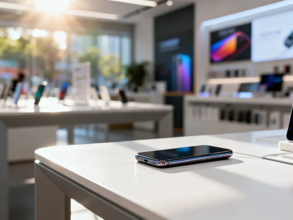 iPhone 14 Pro Max leżący na minimalistycznym biurku w nowoczesnym wnętrzu sklepu z elektroniką.
