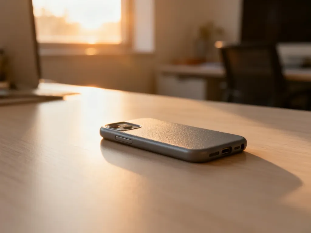 Eleganckie etui do iPhone 13 leżące na jasnym, drewnianym biurku w słonecznym, profesjonalnym biurze.