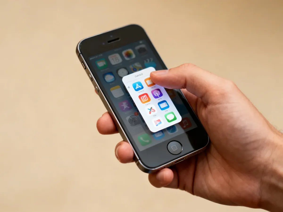 Starszy iPhone z przyciskiem Home podczas zamykania aplikacji gestem przesunięcia w górę