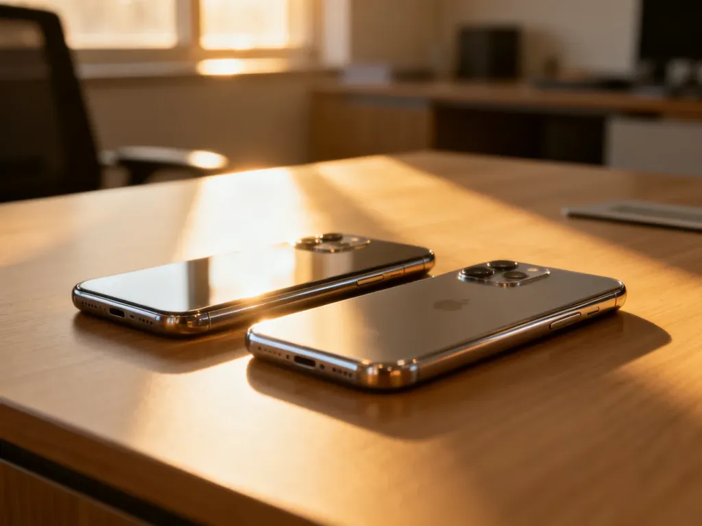 Dwa nowoczesne smartfony leżące obok siebie na drewnianym biurku, symbolizujące porównanie modeli iPhone 16 i 17.