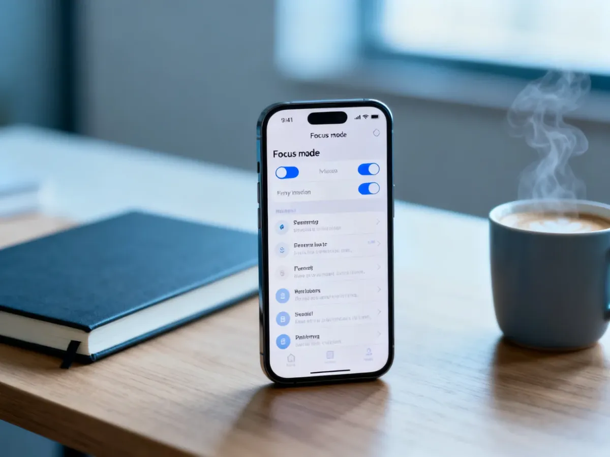 iPhone z włączonym trybem skupienia na biurku