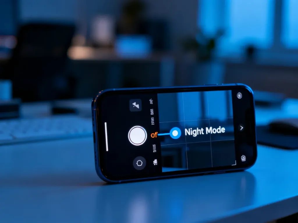 Ekran smartfona z widocznym interfejsem aparatu, na którym wyłączana jest ikona trybu nocnego.