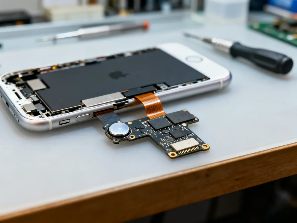 Otwarty iPhone 7 z oryginalnym przyciskiem Home i taśmą flex na stanowisku serwisowym