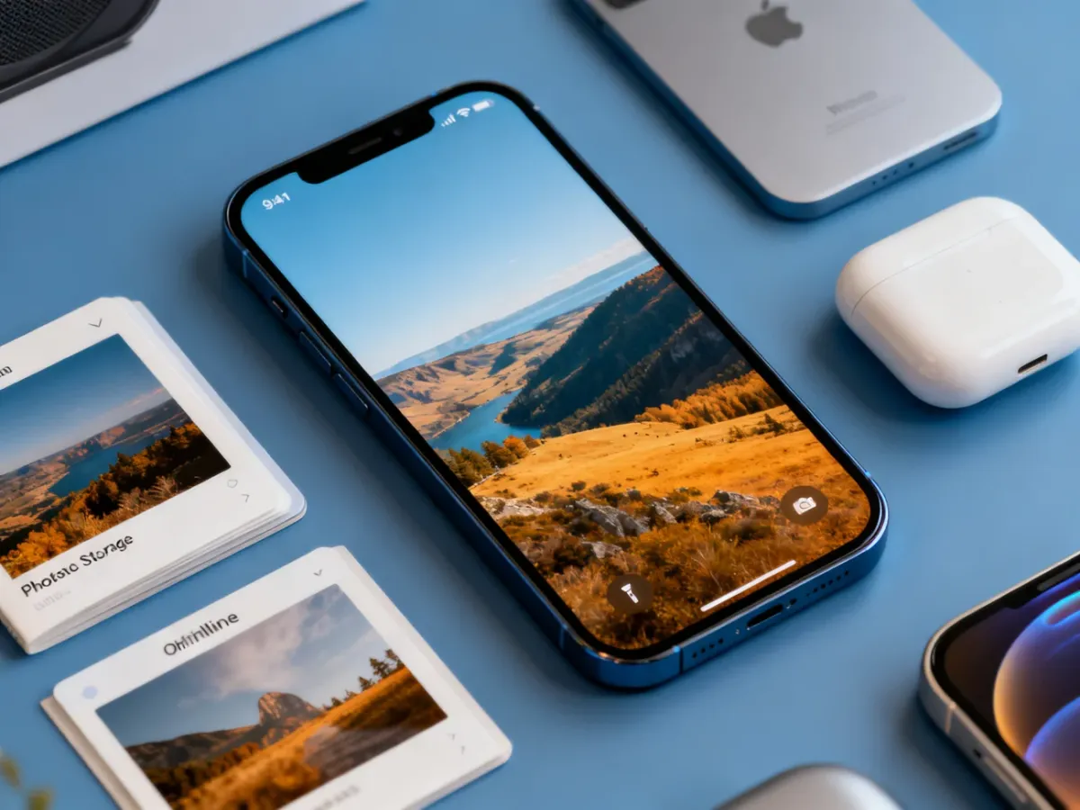 iPhone 12 z wyświetlonym zdjęciem krajobrazu i akcesoriami multimedialnymi