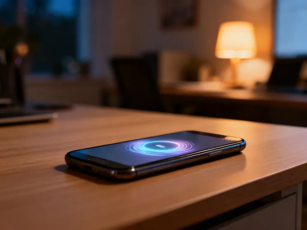 Nowoczesny smartfon na drewnianym biurku, symbolizujący proces aktualizacji systemu iOS.