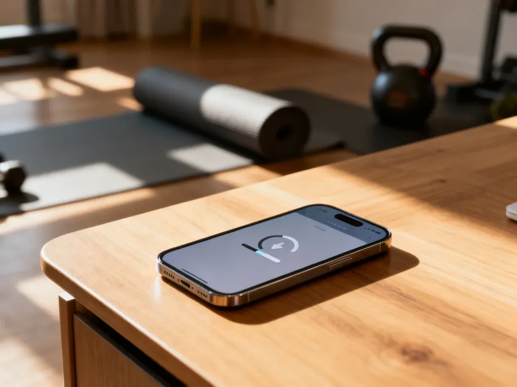 iPhone z zaciętym interfejsem aplikacji fitness na ekranie, leżący na biurku w domowej siłowni.