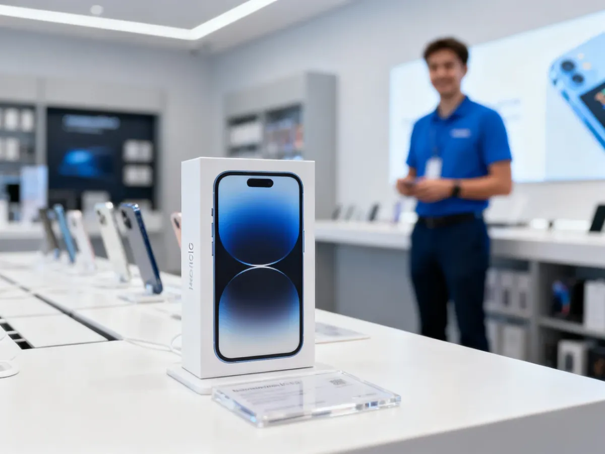 iPhone 13 displayed in a professional electronics store