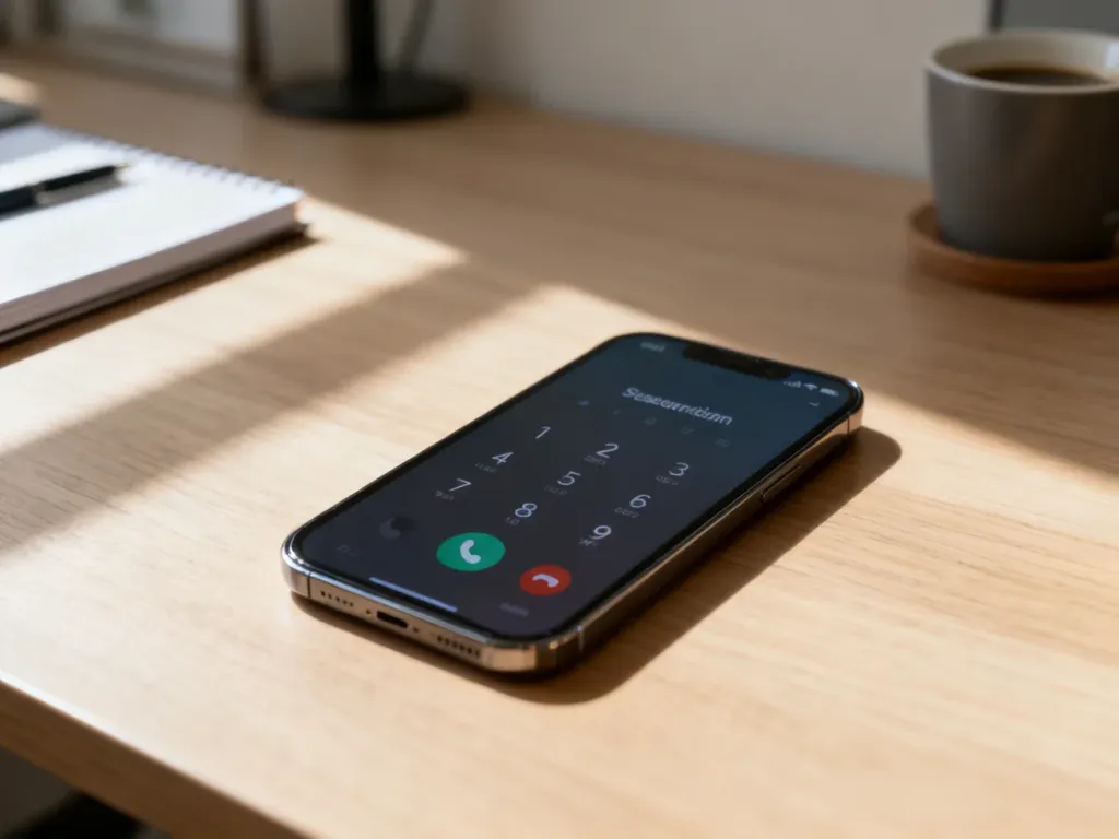 Nowoczesny smartfon leżący na biurku z widocznym na ekranie interfejsem rejestru połączeń.