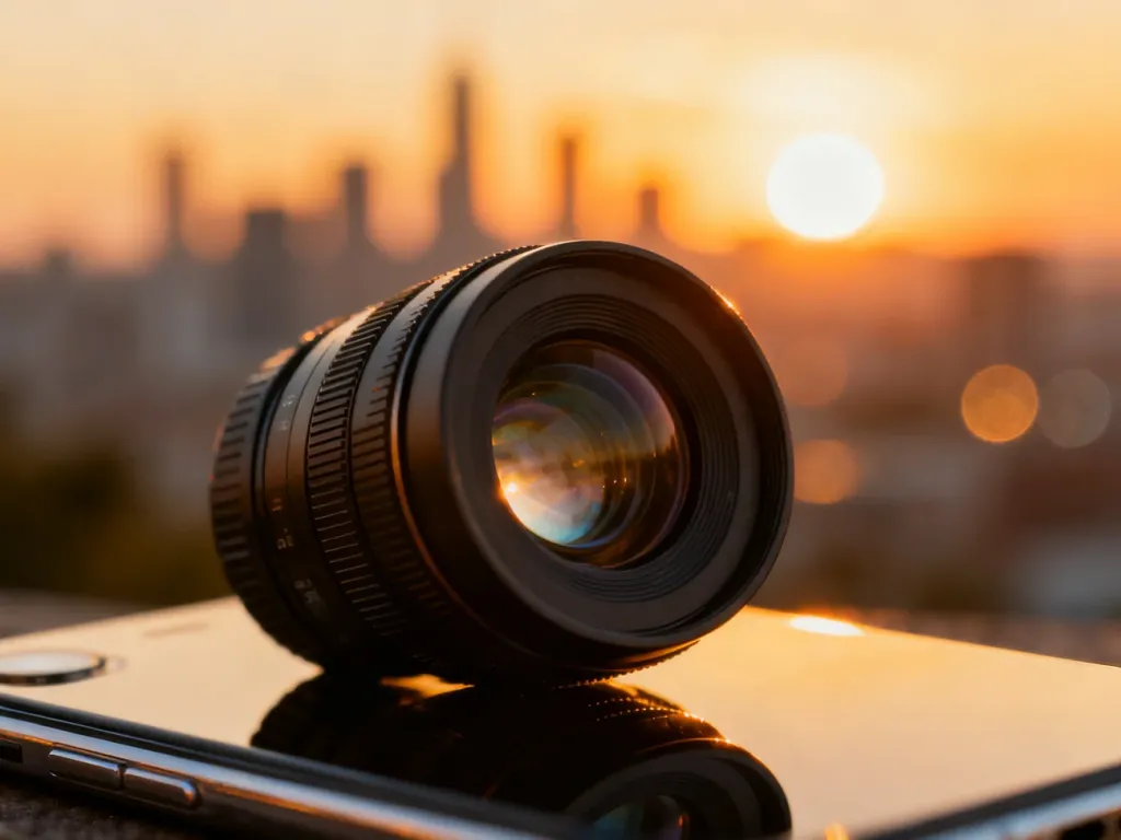 Zbliżenie na obiektyw iPhone’a z odbiciem zachodzącego słońca, ilustrujące możliwości fotograficzne smartfona.