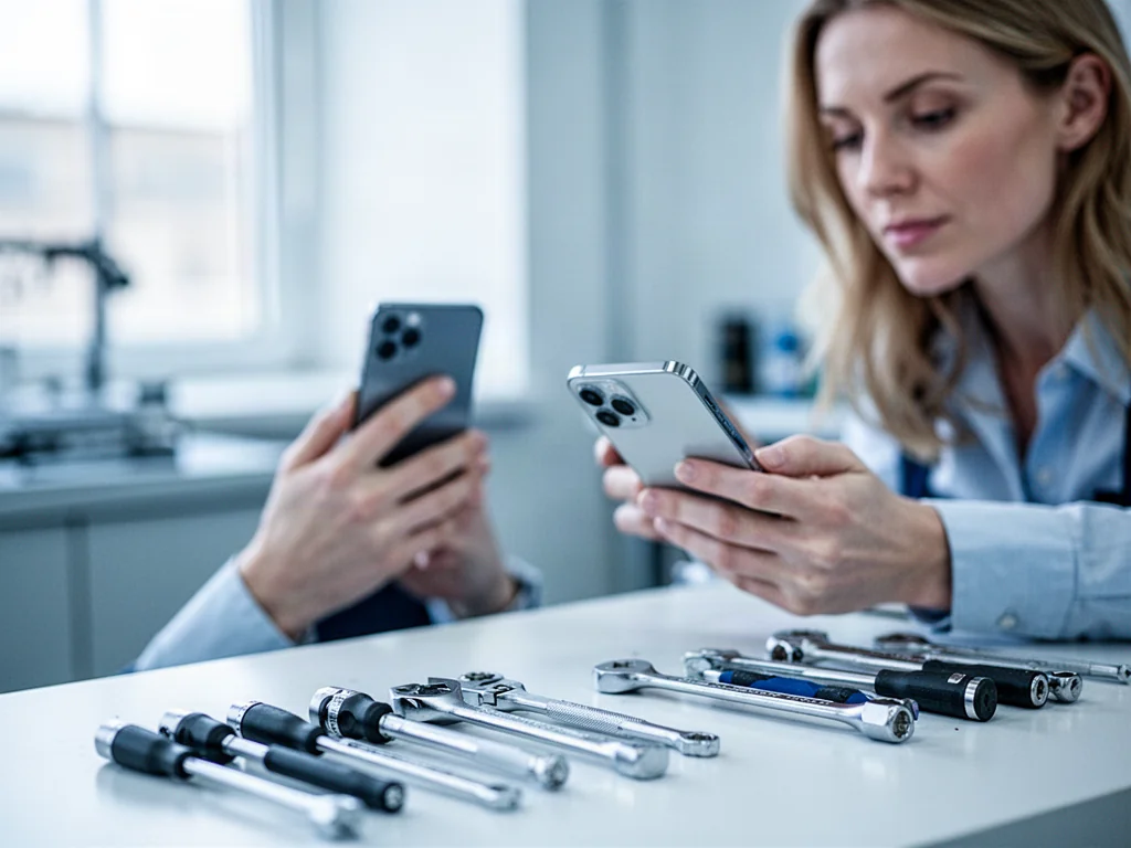 Klientka przekazuje smartfon technikowi w profesjonalnym serwisie telefonów, gdzie przygotowano narzędzia do naprawy.