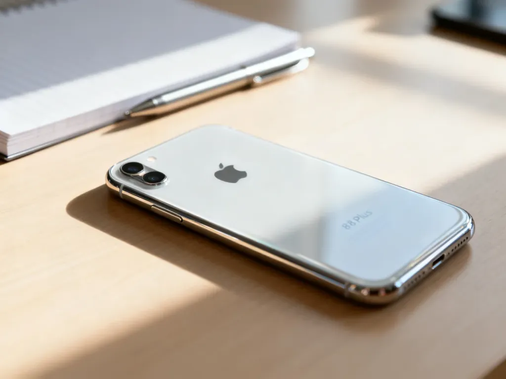 iPhone 8 Plus leżący na drewnianym biurku w świetle poranka, ukazujący szklaną obudowę i podwójny aparat.